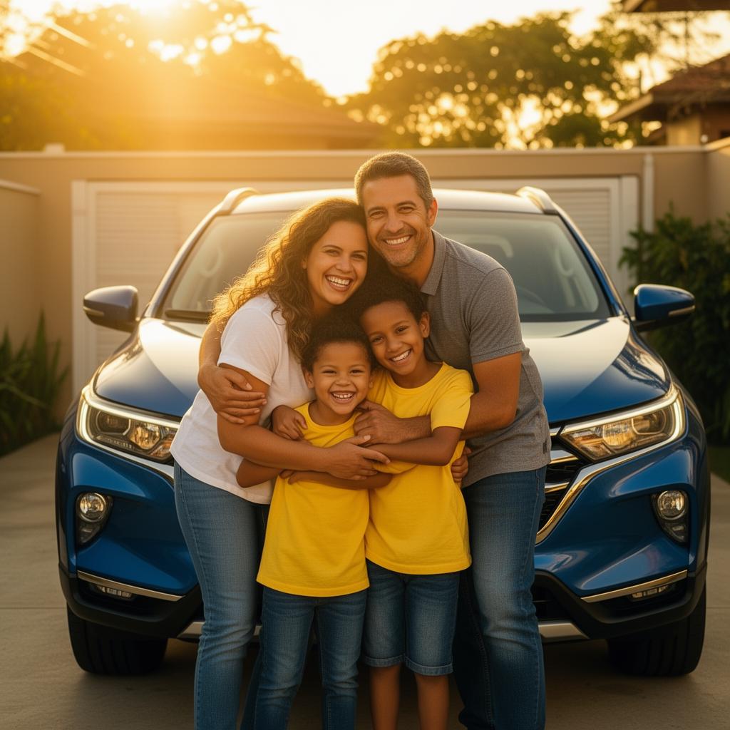 Família comemorando o carro novo